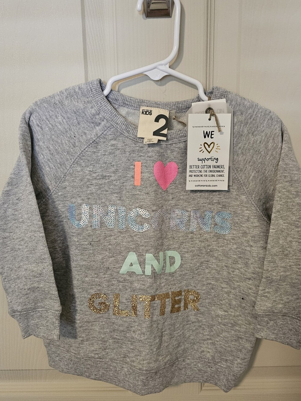 Cotton On Kids Girls Gray Fleece Sweater Size 2 Long Sleeve Unicorn Graphic